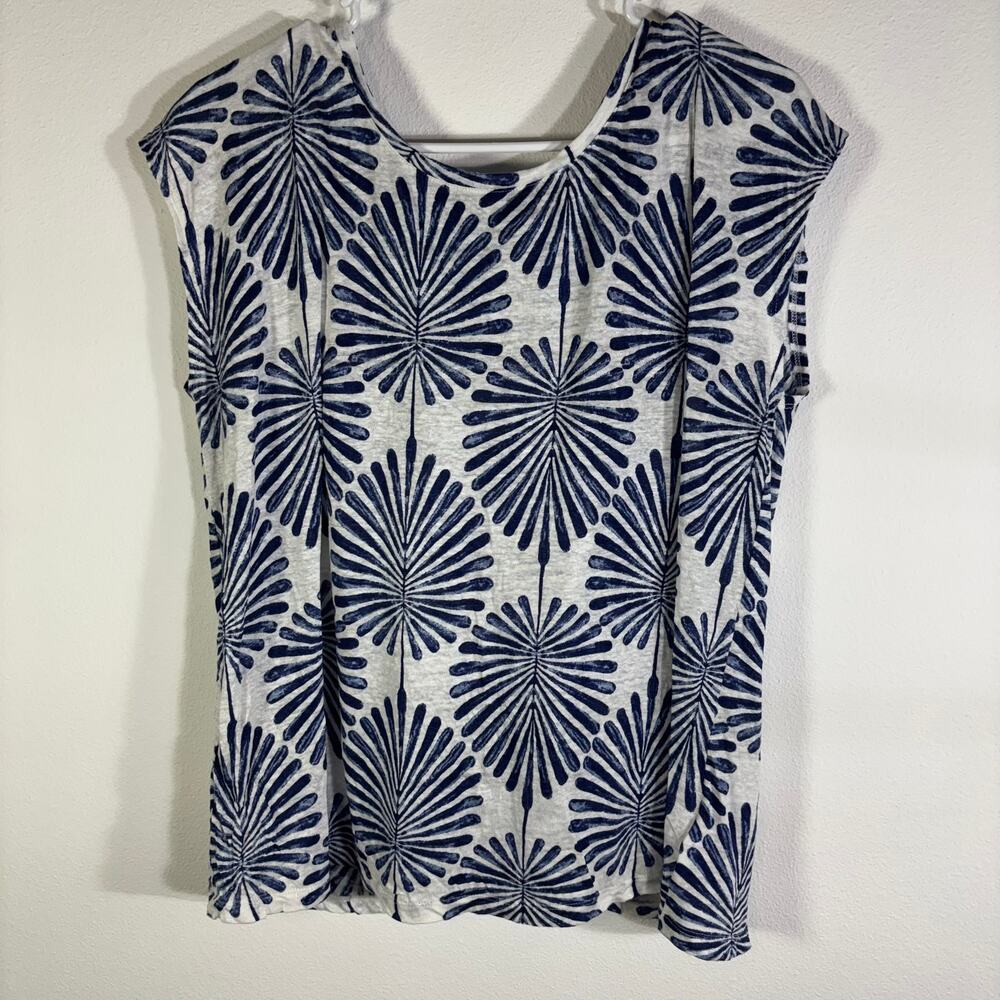 Joie Womens L 100% Linen Blue White Palm Print Button Back Blouse Top